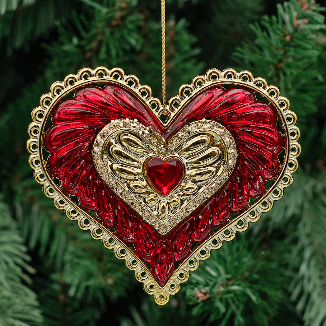 Red & Gold Jewelled Acrylic Heart Decoration