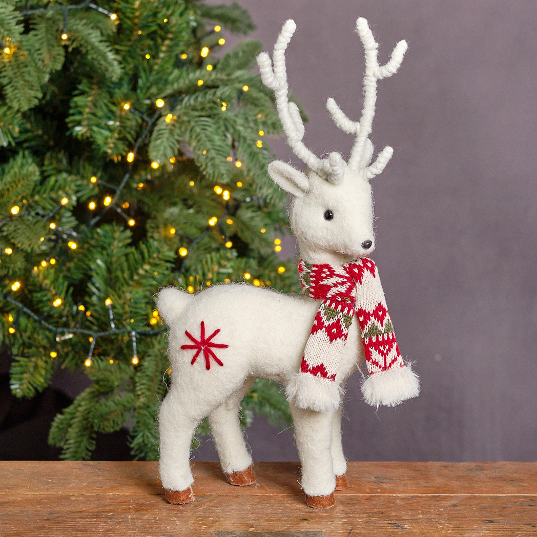 Cream Felt Reindeer Decoration with Scarf