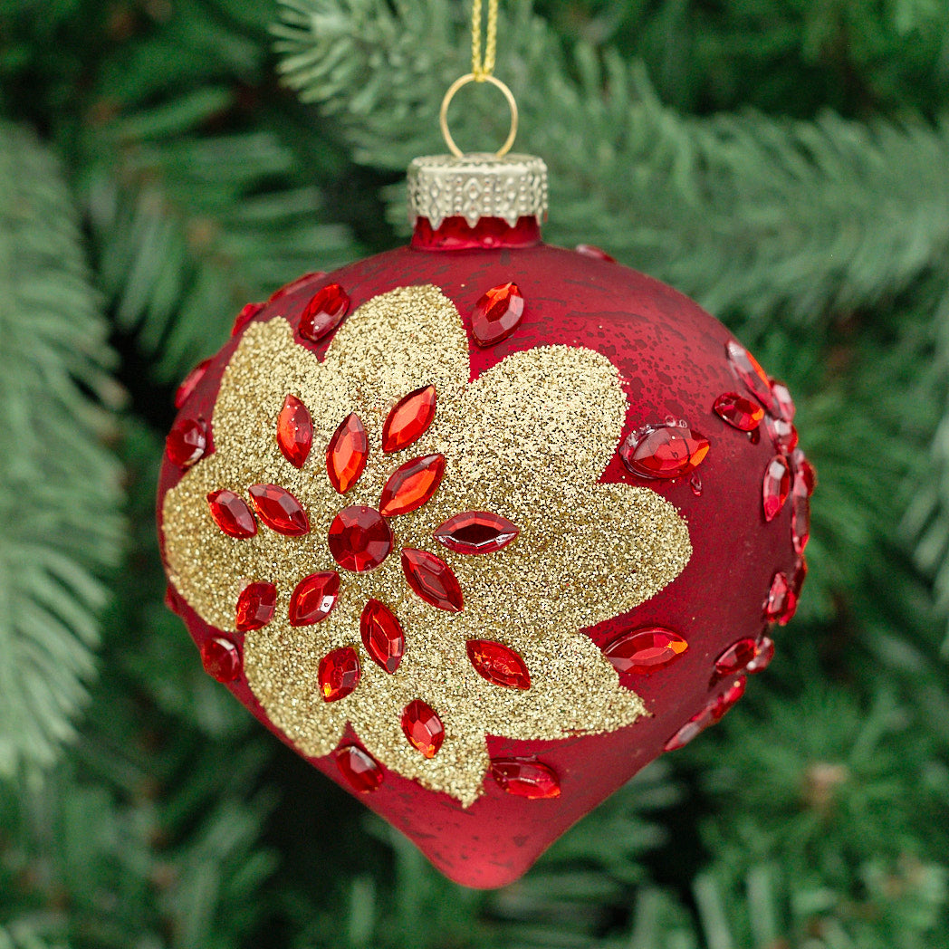 Antique Red & Gold Shaped Glass Bauble - Glitter Flower