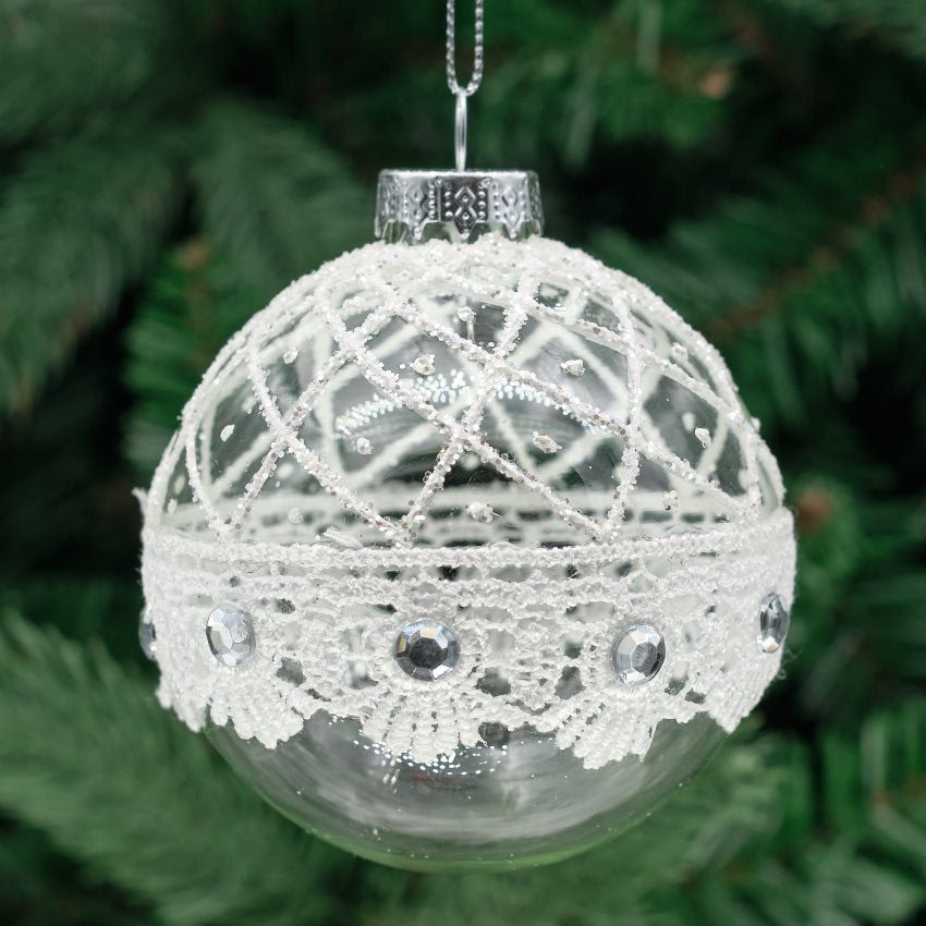 8cm White &amp; Clear Round Glass Bauble - Lace Filigree