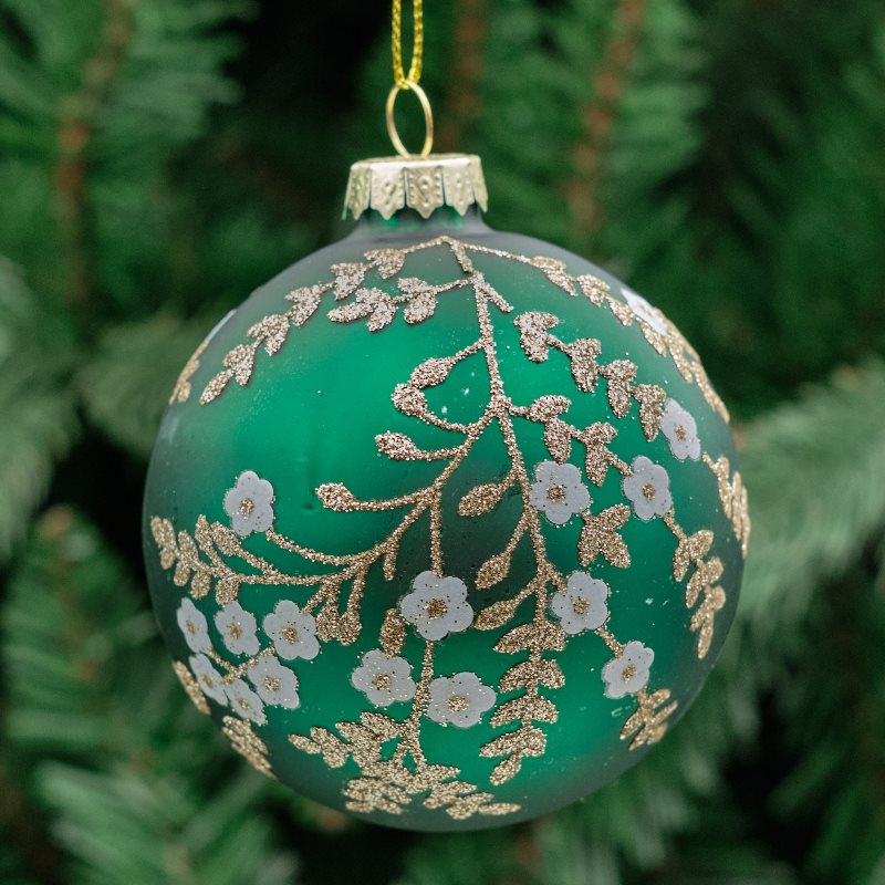 8cm Green &amp; Gold Round Glass Bauble - Floral Branches