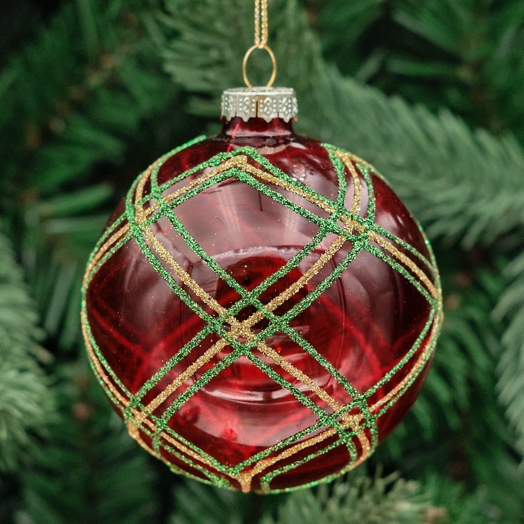 Red Round Glass Bauble - Tartan Check