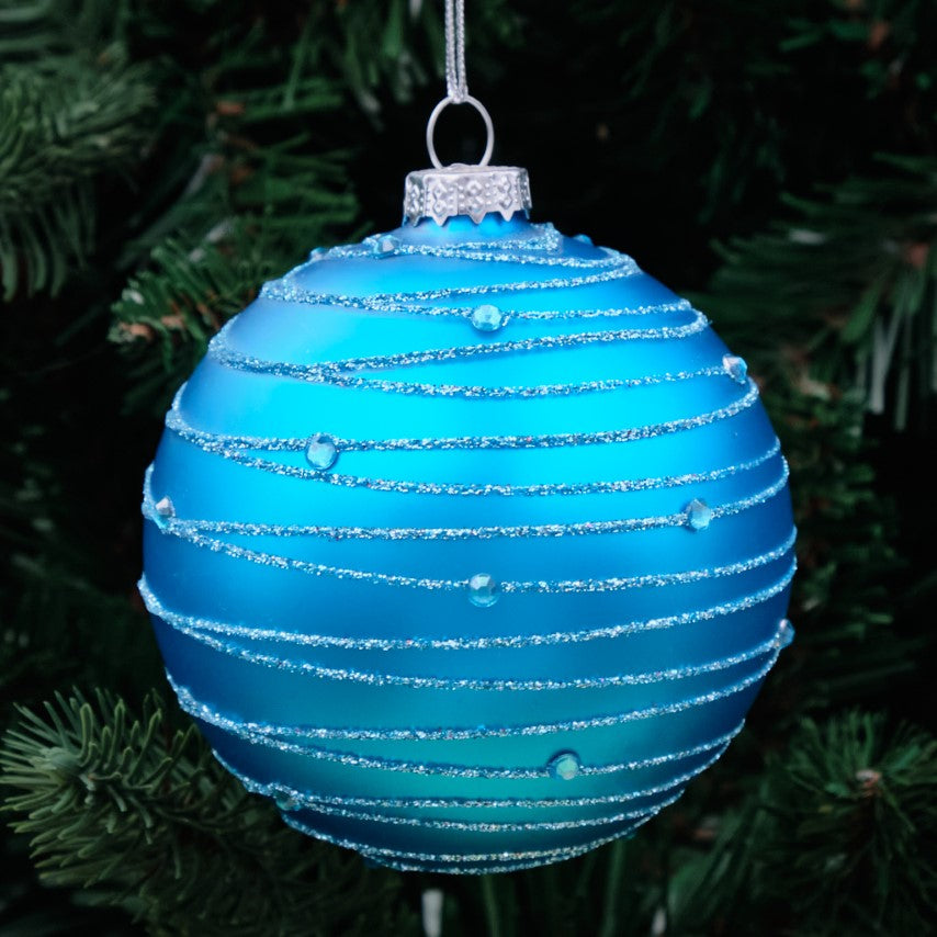 8cm Blue Round Glass Bauble - Glitter Stripes