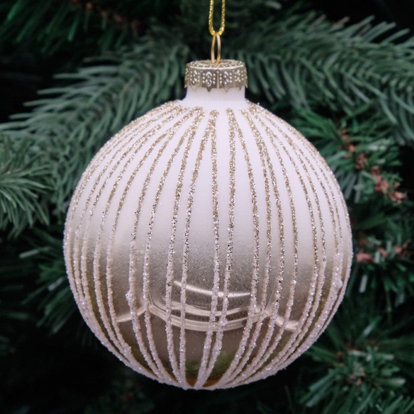 8cm Champagne &amp; White Round Glass Bauble - Beaded Lattice