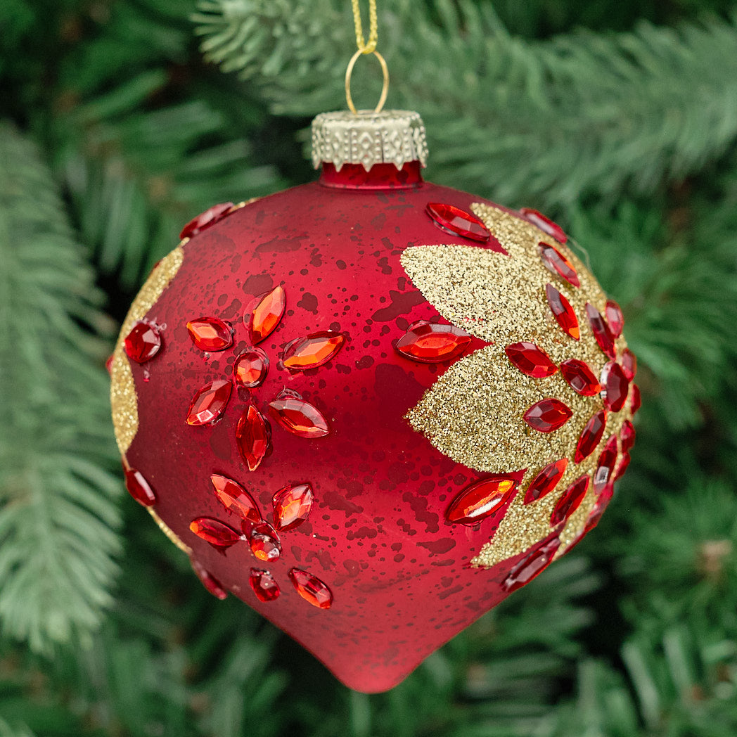 Antique Red & Gold Shaped Glass Bauble - Glitter Flower