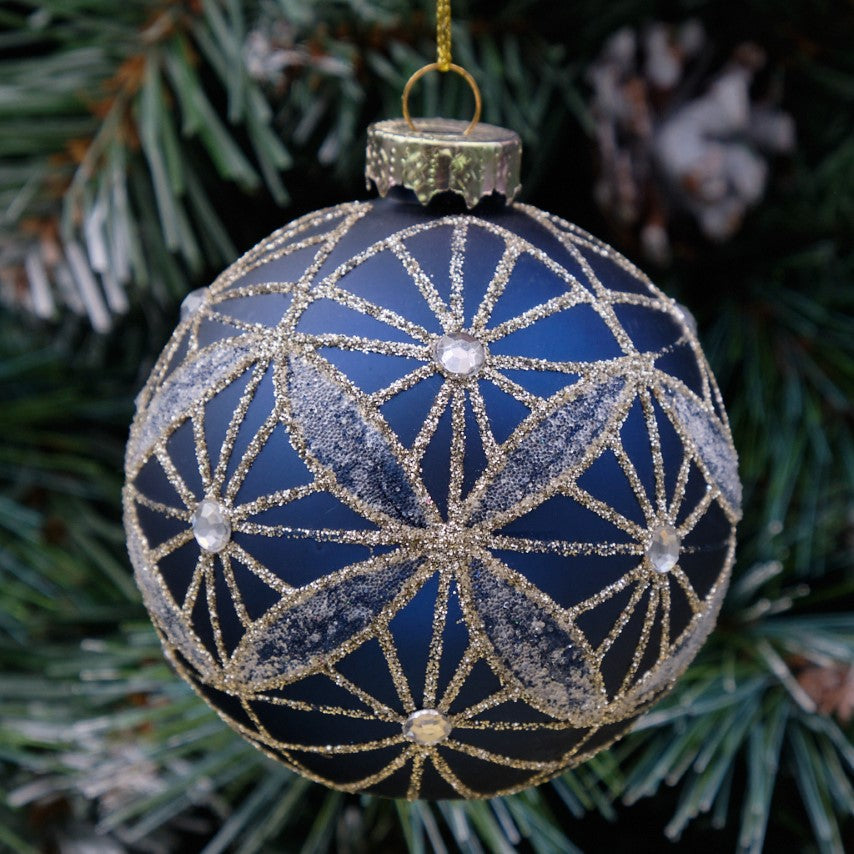8cm Dark Blue &amp; Champagne Round Glass Bauble - Starburst