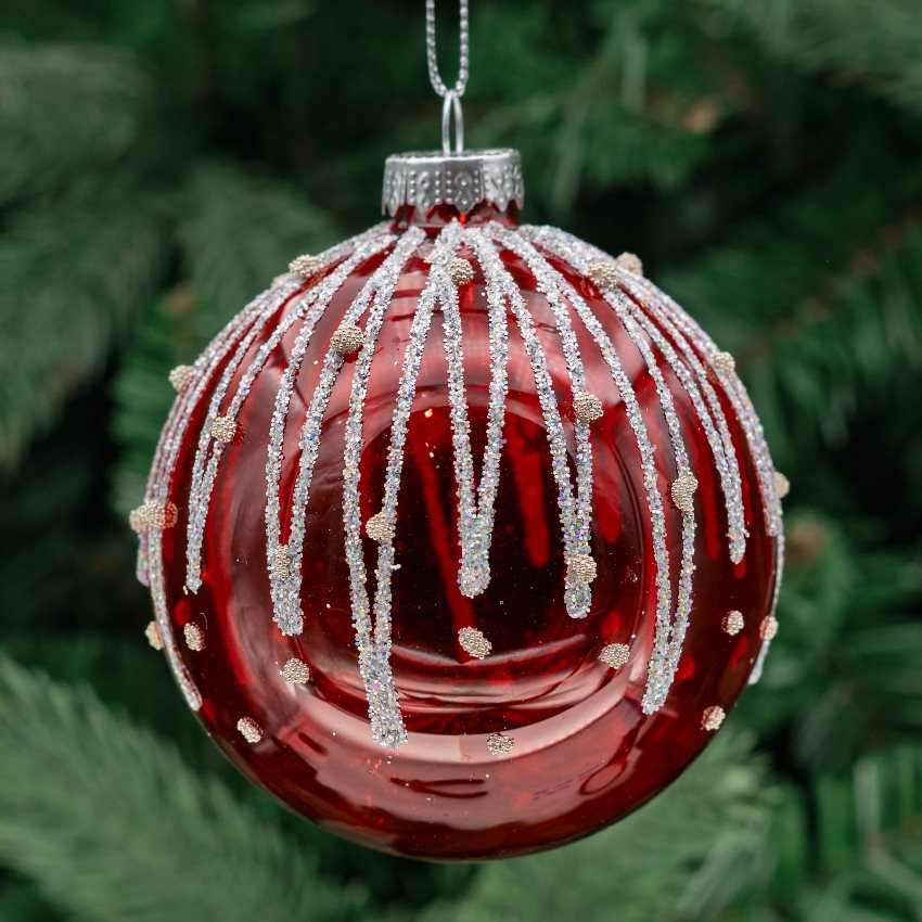 8cm Red &amp; Silver Round Glass Bauble - Glitter Swags