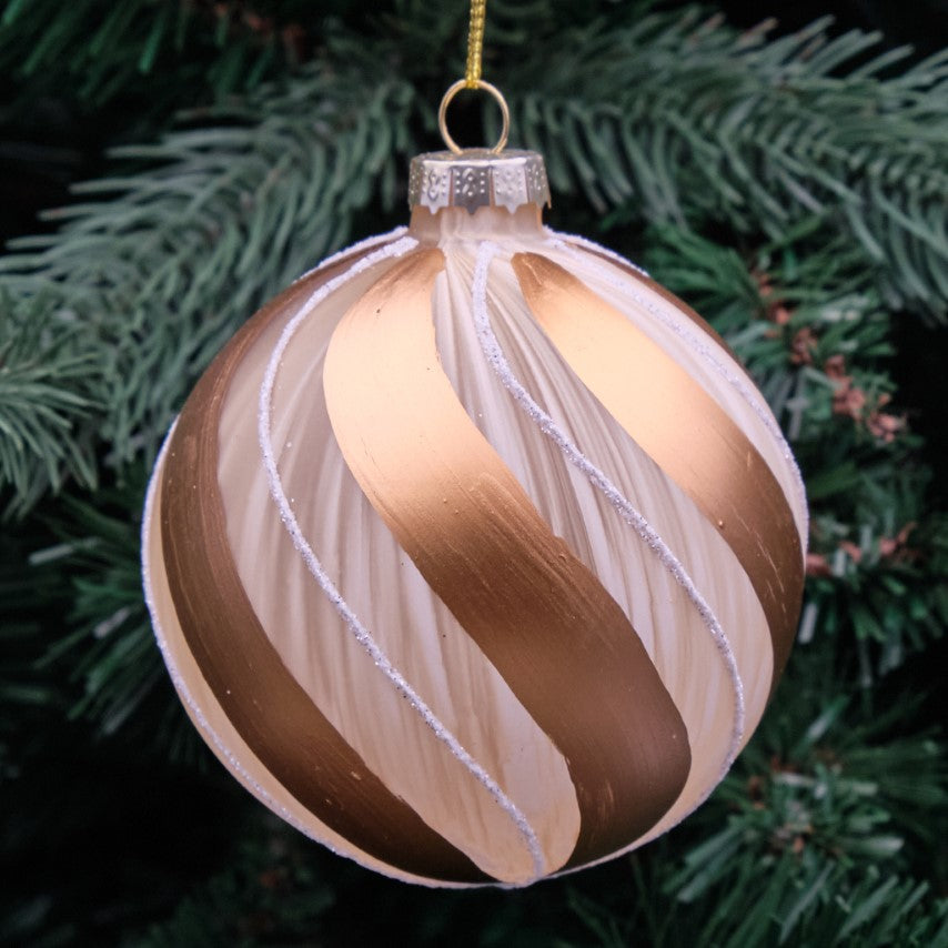 8cm Champagne &amp; Clear Round Glass Bauble - Wave Design