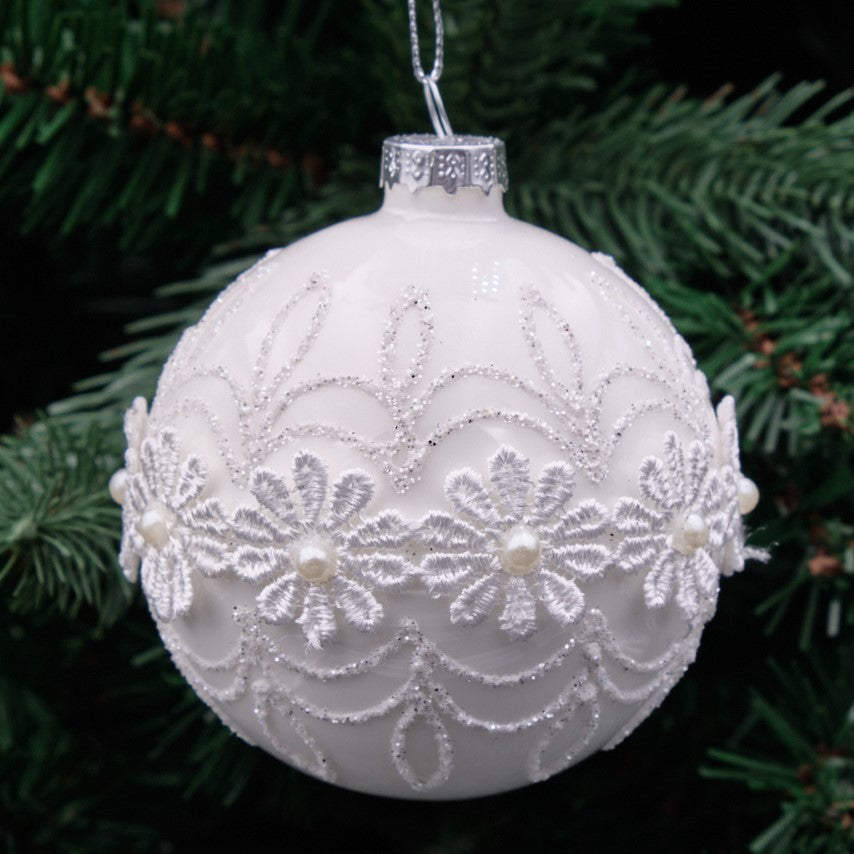 8cm White Round Glass Bauble - Lace Snowflake Band