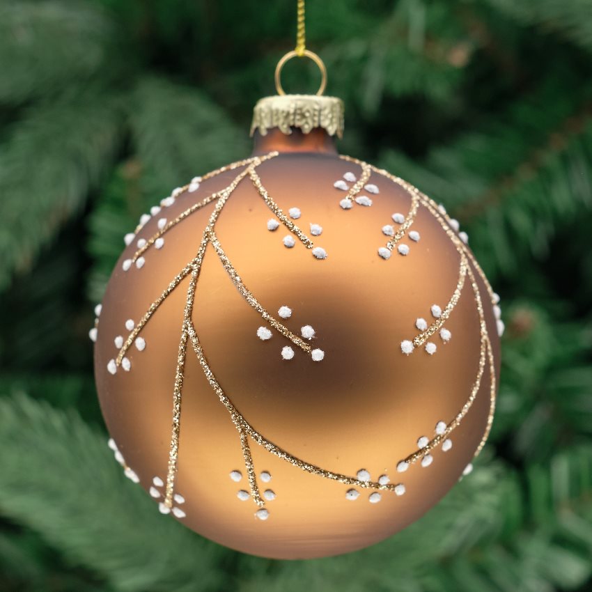 8cm Brown &amp; Champagne Round Glass Bauble - Branch Trails