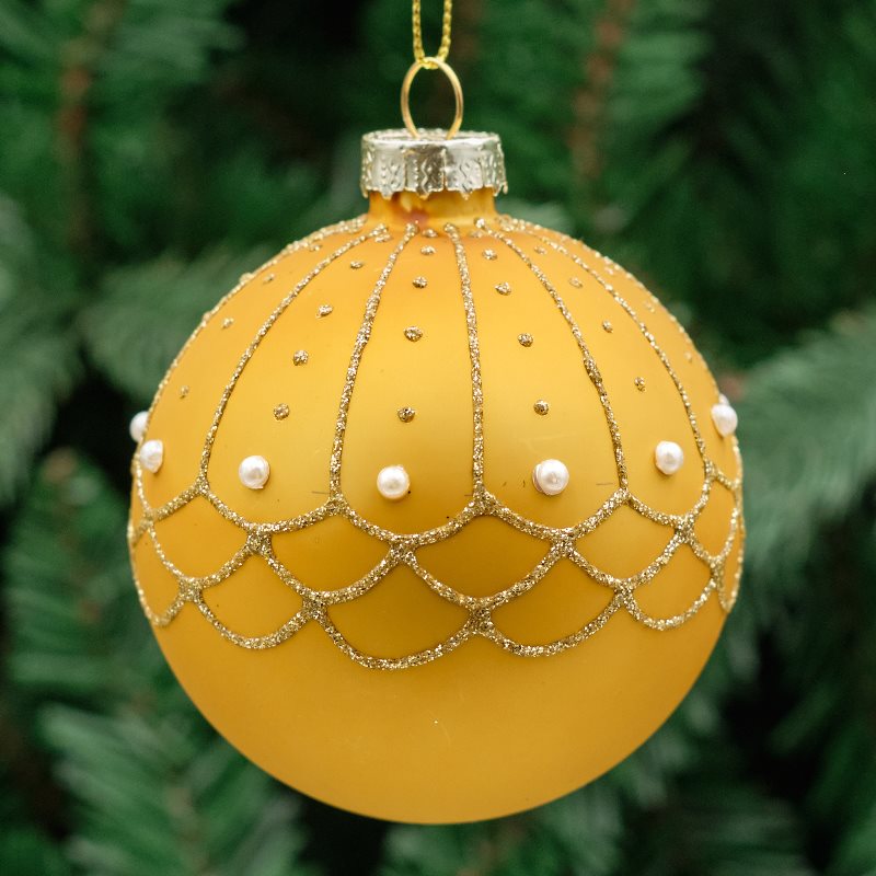 8cm Gold Round Glass Bauble - Beaded Scallops