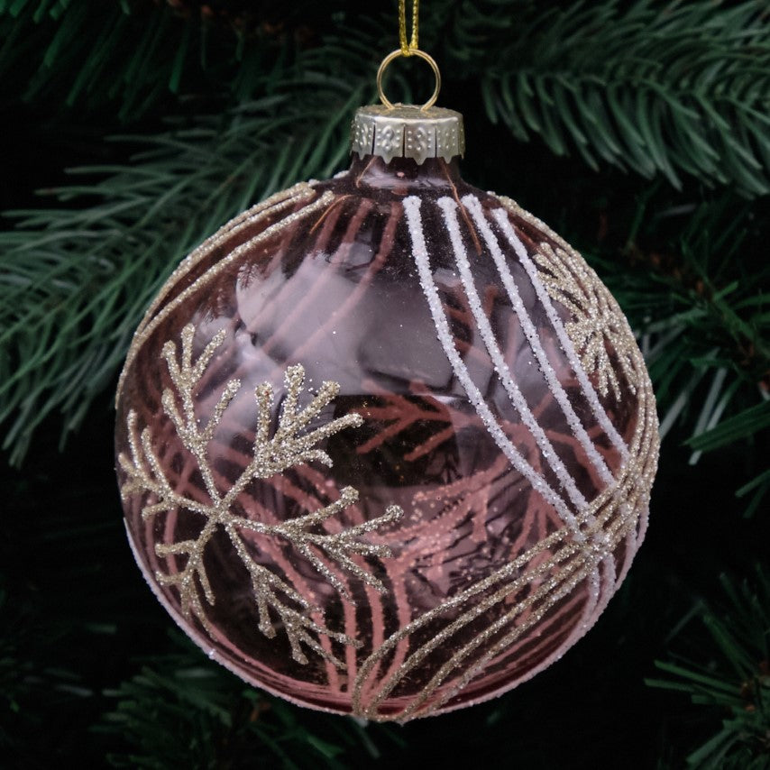 8cm Smoky Pink &amp; Champagne Round Glass Bauble - Fern Design