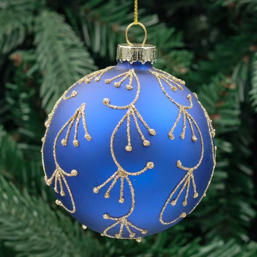 8cm Blue &amp; Champagne Round Glass Bauble - Branch Design