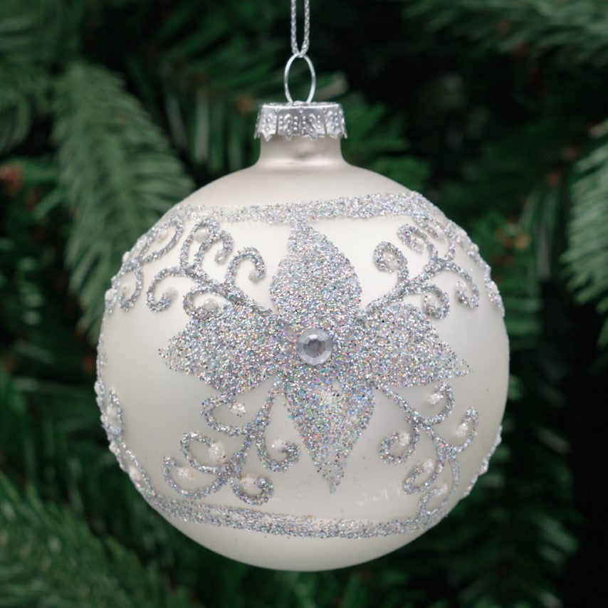 8cm White &amp; Silver Round Glass Bauble - Ornate Band