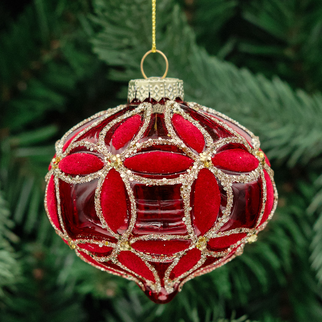 Red &amp; Champagne Shaped Glass Bauble - Glitter Loops