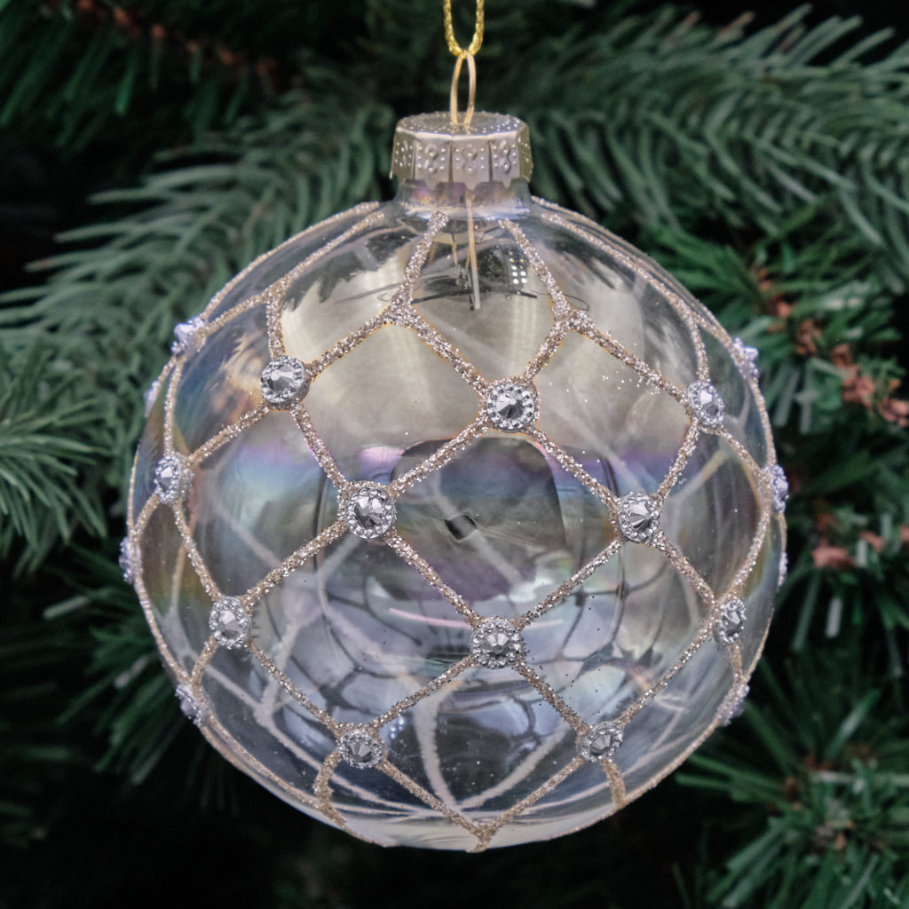 8cm Champagne &amp; Clear Round Glass Bauble - Diamond Lattice
