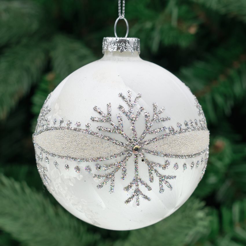 8cm White &amp; Silver Round Glass Bauble - Jewelled Band