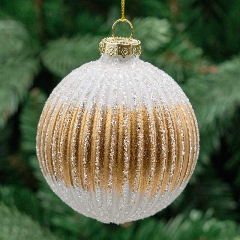 8cm White &amp; Champagne Round Glass Bauble - Fine Ribs
