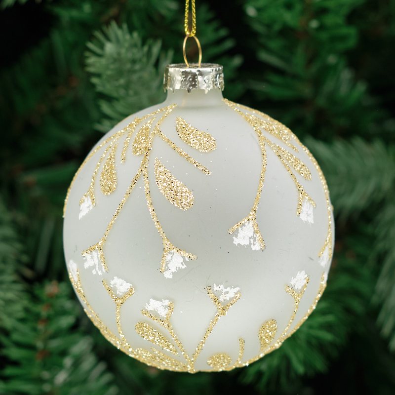 8cm Champagne &amp; Cream Round Glass Bauble - Gold Leaves
