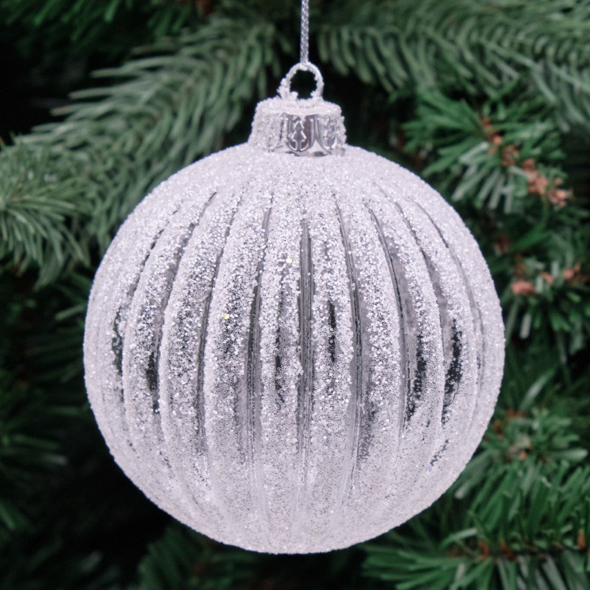 8cm White Round Glass Bauble - Glitter Ribs