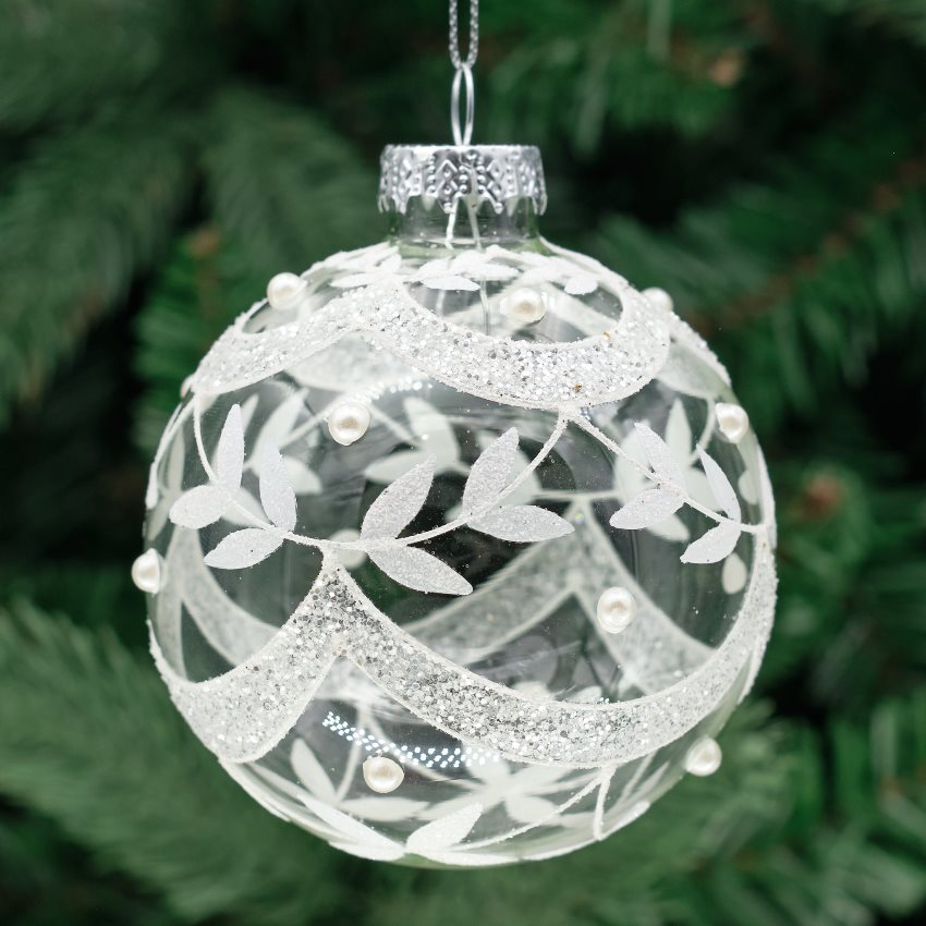 8cm White &amp; Clear Round Glass Bauble - Leafy Vine