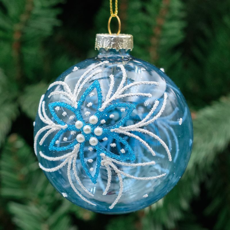 8cm Blue &amp; Silver Round Glass Bauble - Glitter Flower