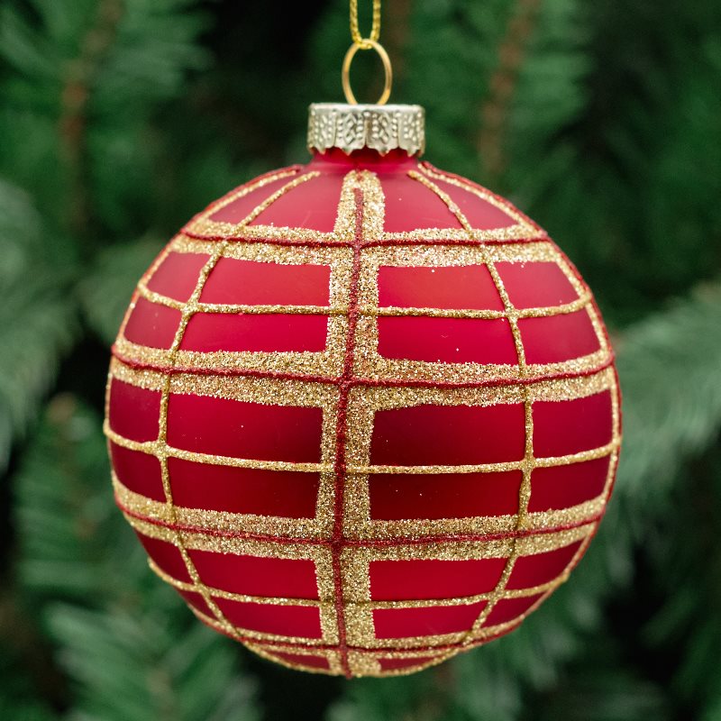 8cm Red &amp; Gold Round Glass Bauble - Tartan Design