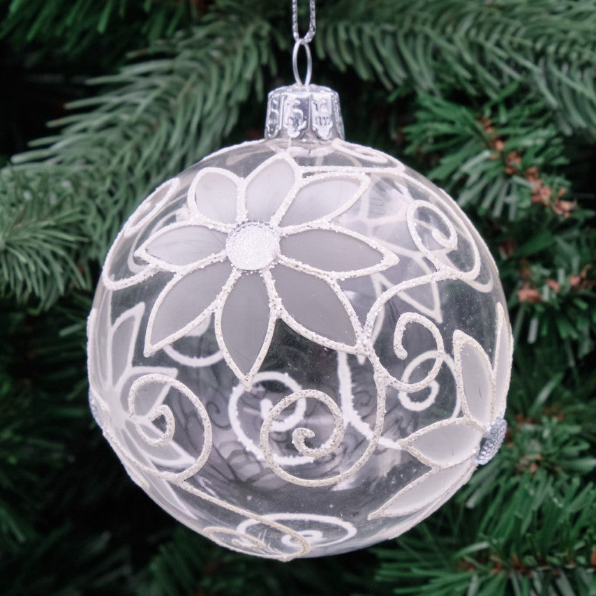 8cm White &amp; Clear Round Glass Bauble - Floral Scroll