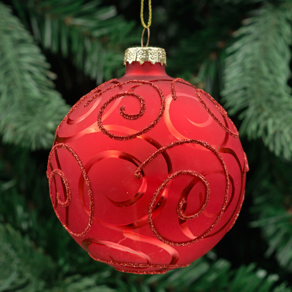 8cm Red Round Glass Bauble - Scroll Design