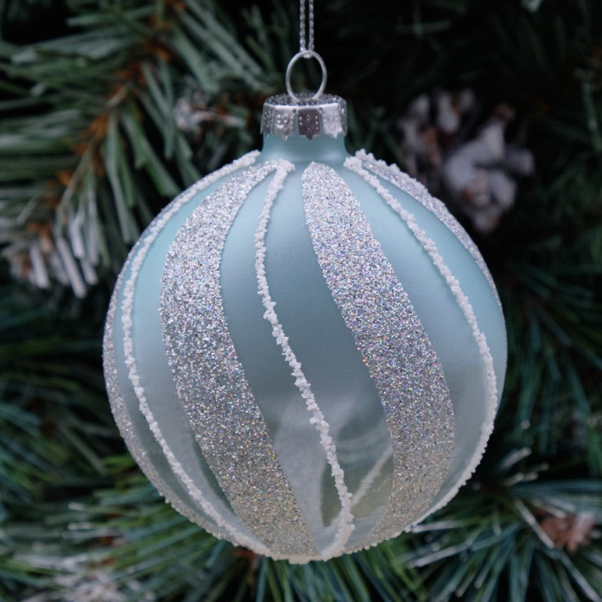 8cm Blue &amp; Silver Round Glass Bauble - Spiral Panels