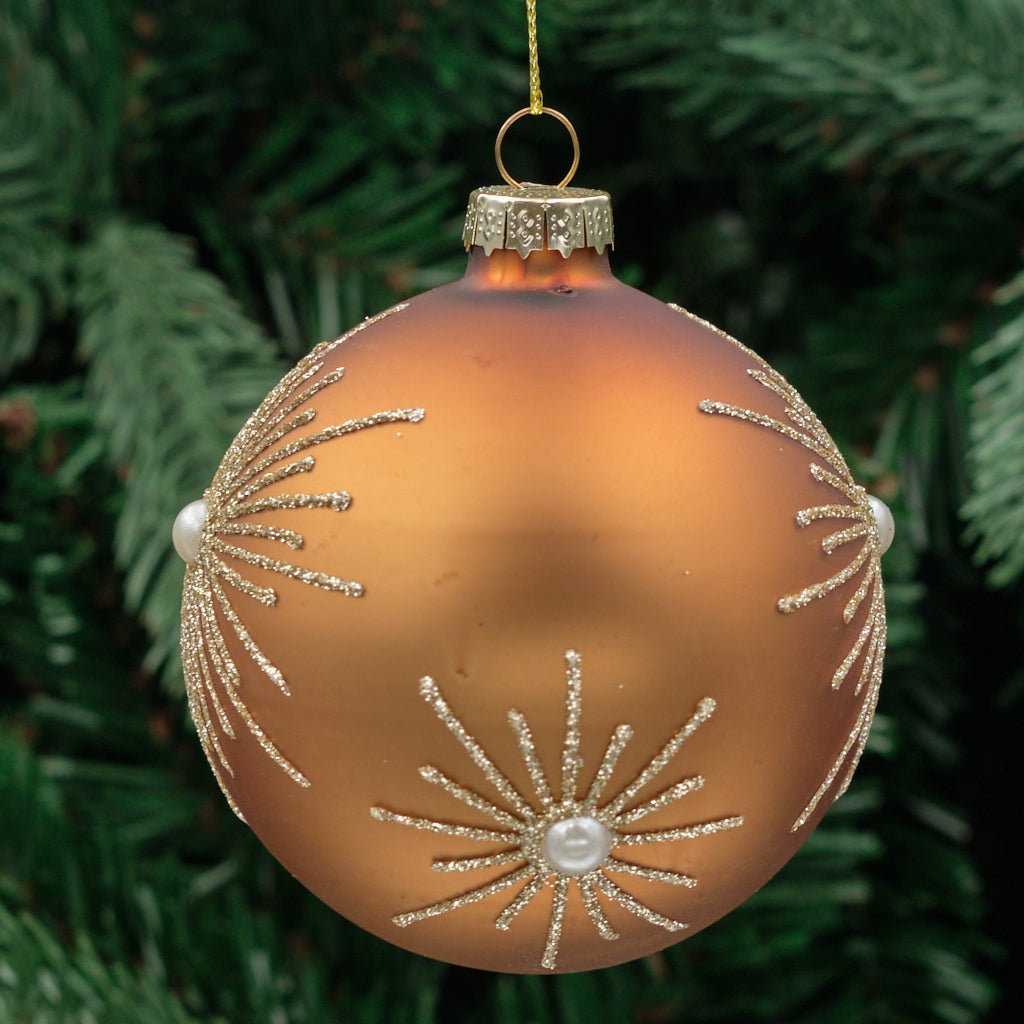 8cm Bronze &amp; Champagne Round Glass Bauble - Leaf Sprays