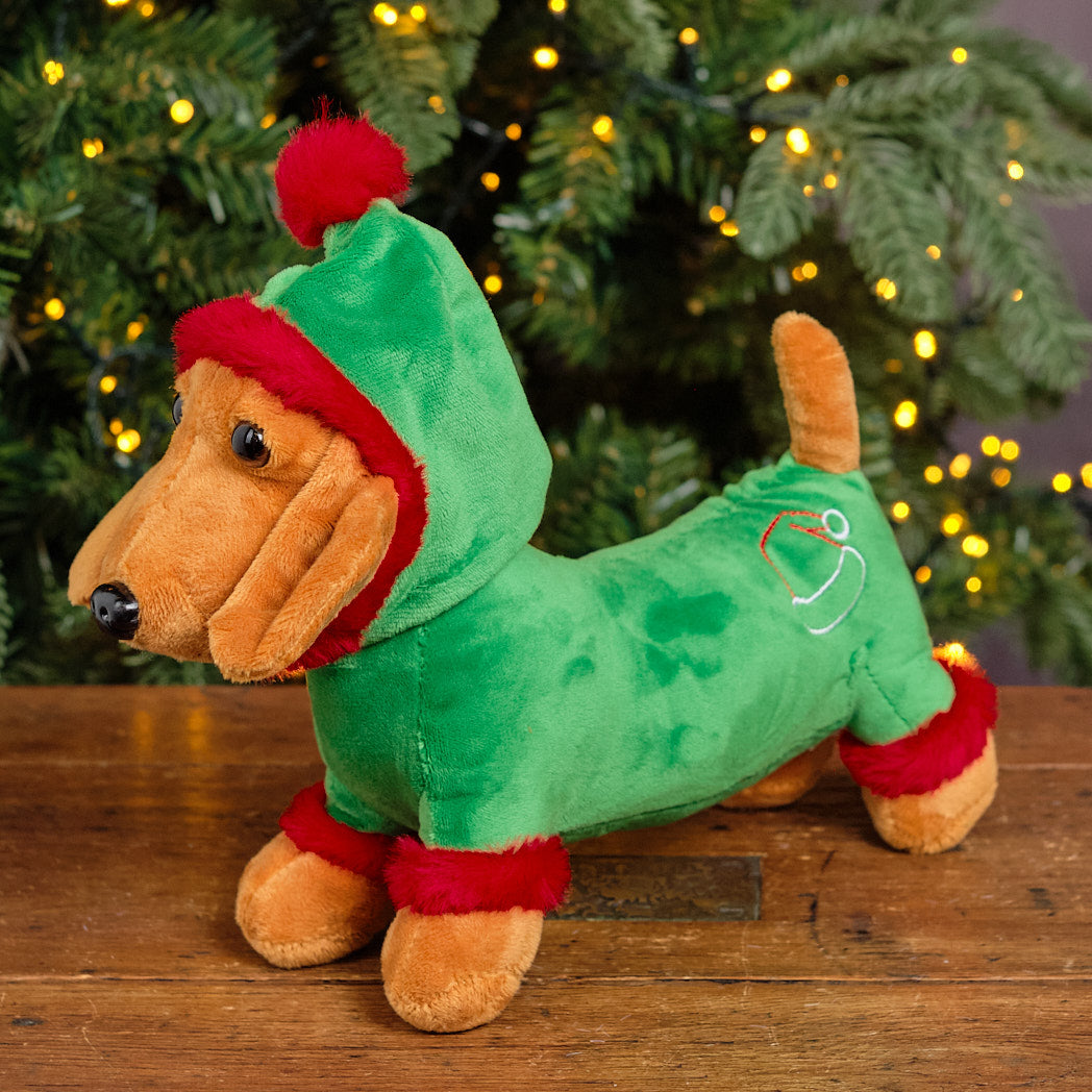 Brown & Green Plush Elf Dachshund Decoration