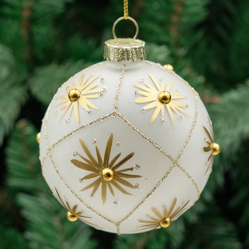8cm White &amp; Champagne Round Glass Bauble - Starbursts