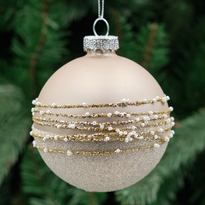8cm Champagne Round Glass Bauble - Two-Tone Glitter