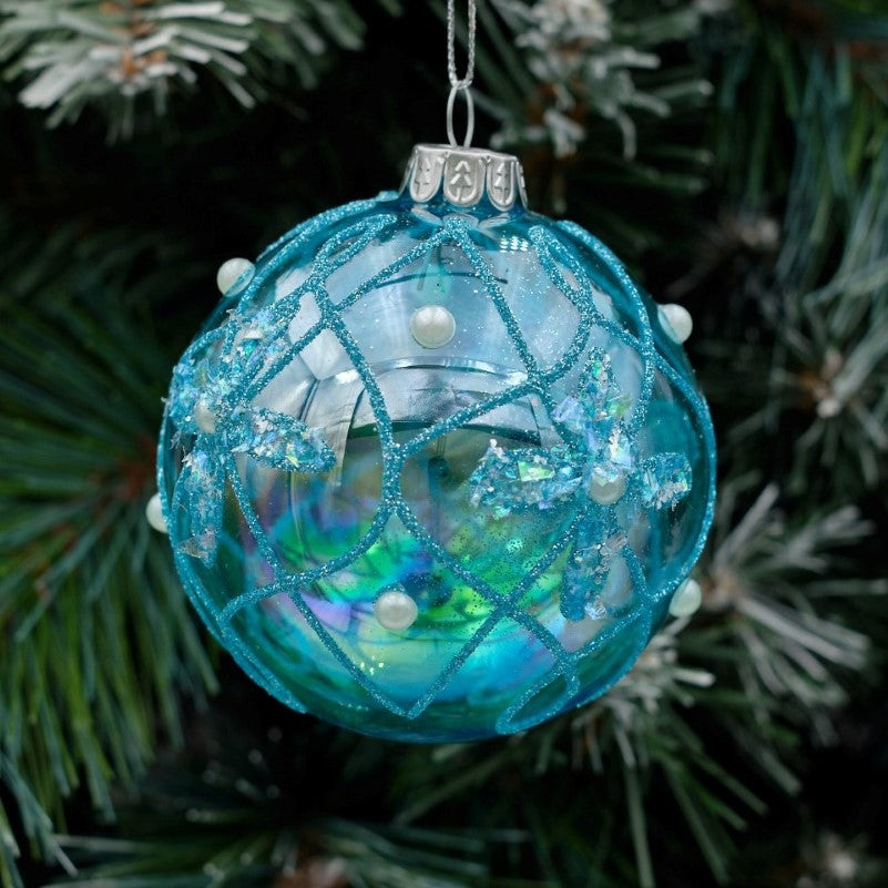 8cm Iridescent Blue Round Glass Bauble - Jewel Texture