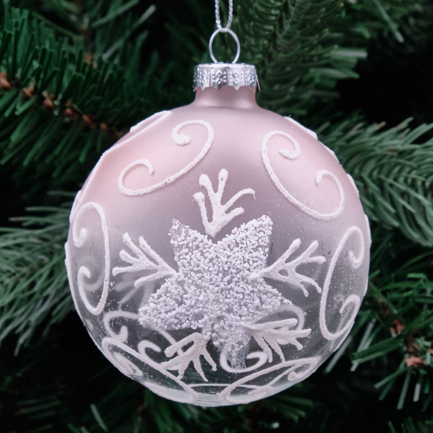 8cm Pale Pink Round Glass Bauble - White Snowflake