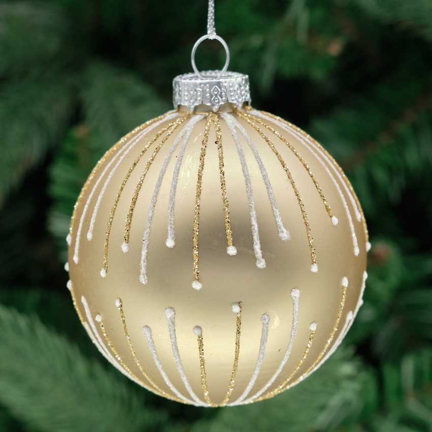 8cm Champagne &amp; White Round Glass Bauble - Fluted Design
