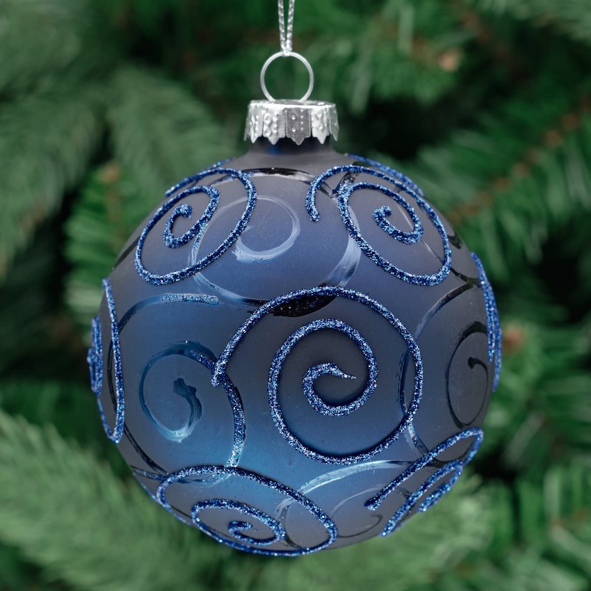 8cm Dark Blue Round Glass Bauble - Embossed Scrolls