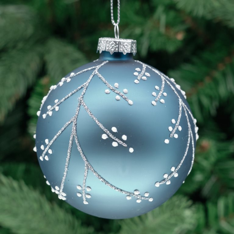 8cm Blue &amp; Silver Round Glass Bauble - Branch Trails