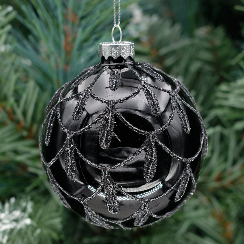 8cm Black Round Glass Bauble - Floral Petals