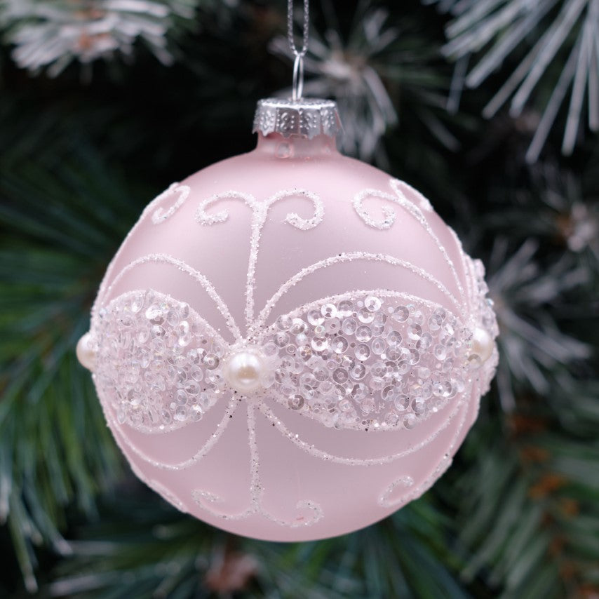 8cm Pale Pink Round Glass Bauble - Beaded Scallops