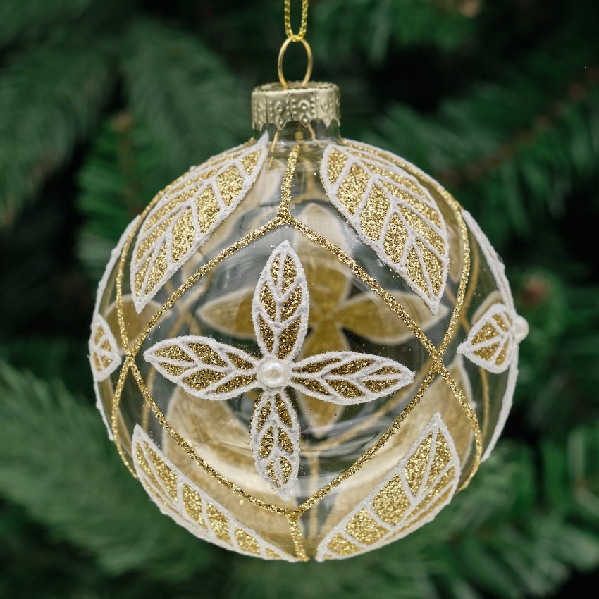 8cm Champagne &amp; Clear Round Glass Bauble - Floral Filigree