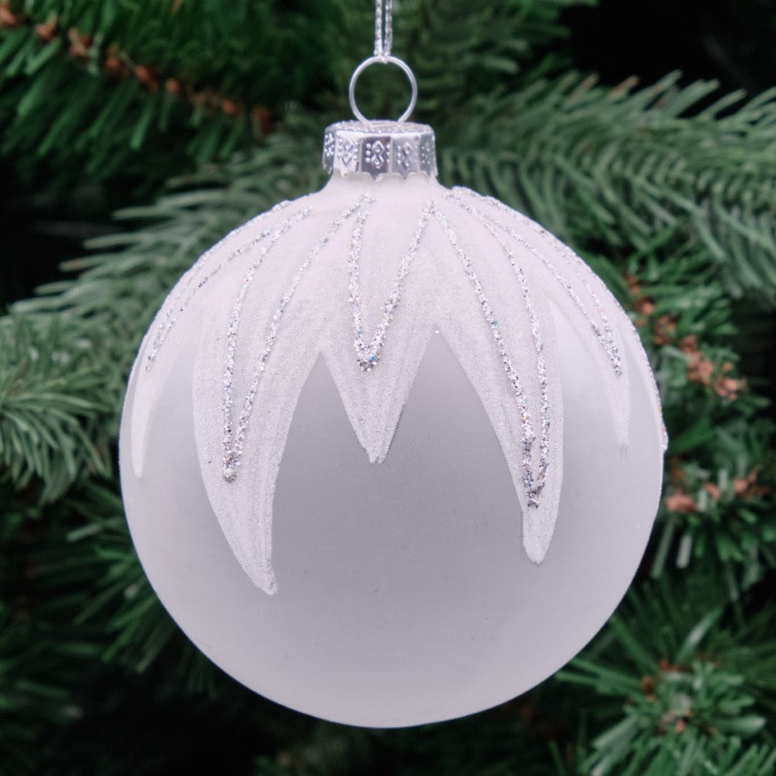 8cm White &amp; Silver Round Glass Bauble - Drip Design