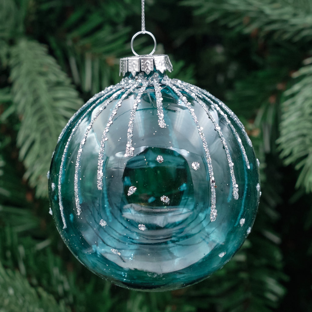 8cm Blue &amp; Silver Round Glass Bauble - Clear Rings