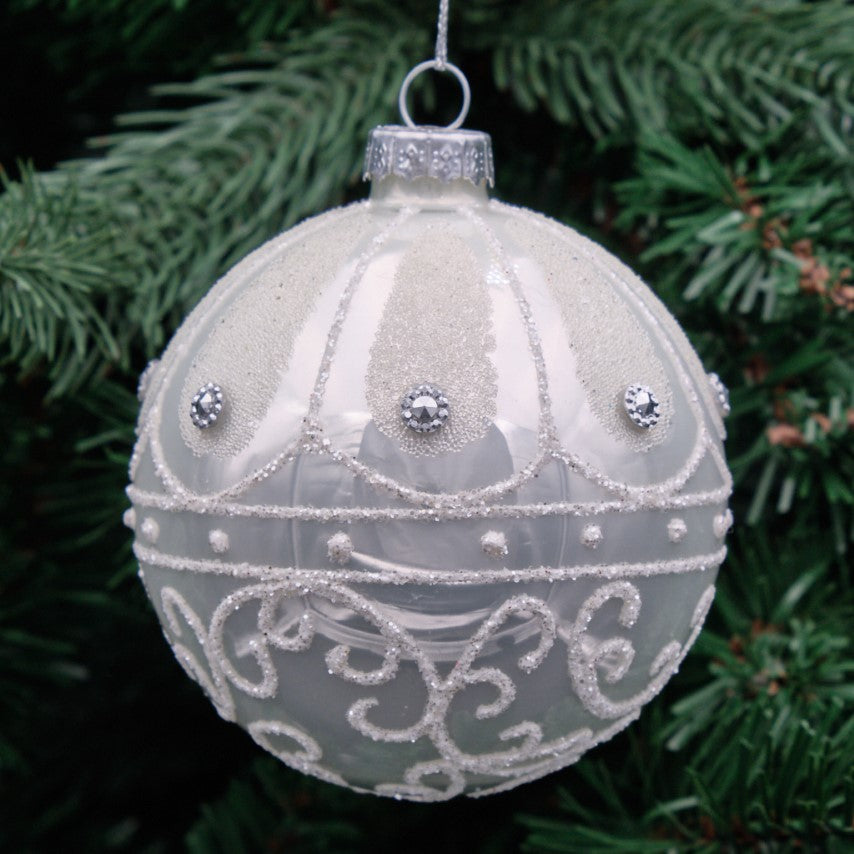 8cm White Round Glass Bauble - Silver Scroll Band