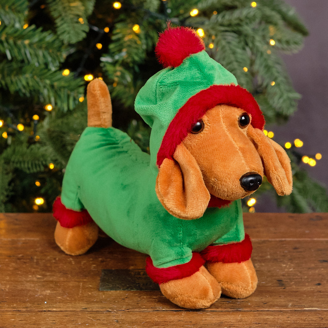 Brown &amp; Green Plush Elf Dachshund Decoration