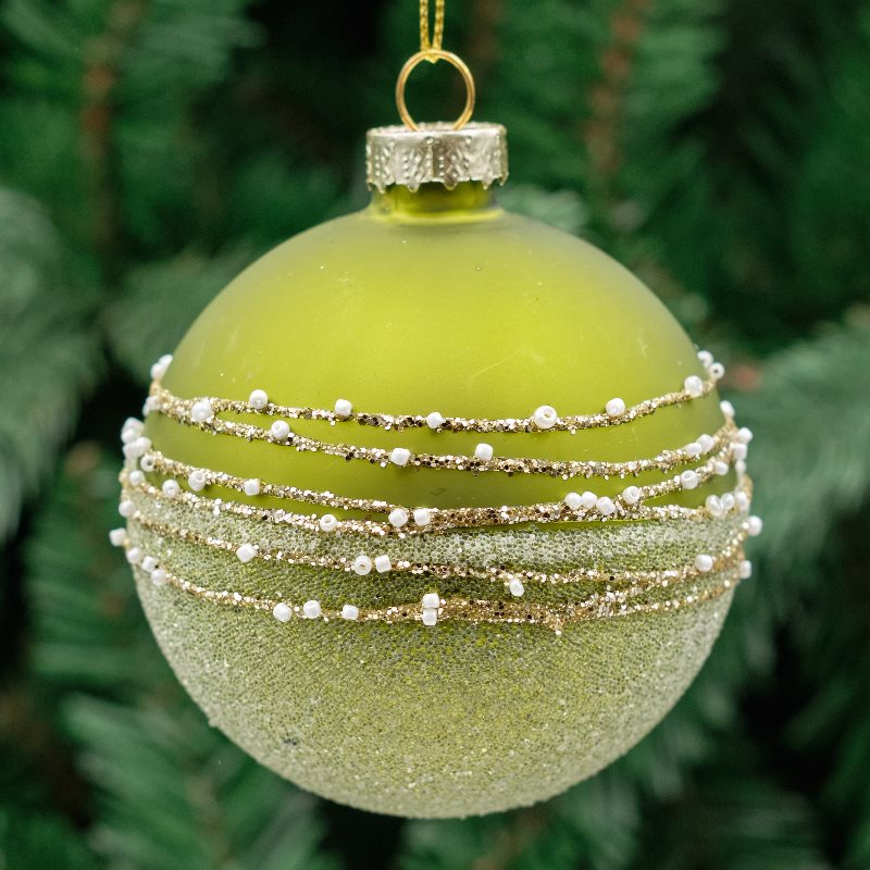 8cm Green Round Glass Bauble - Layered Glitter Bands