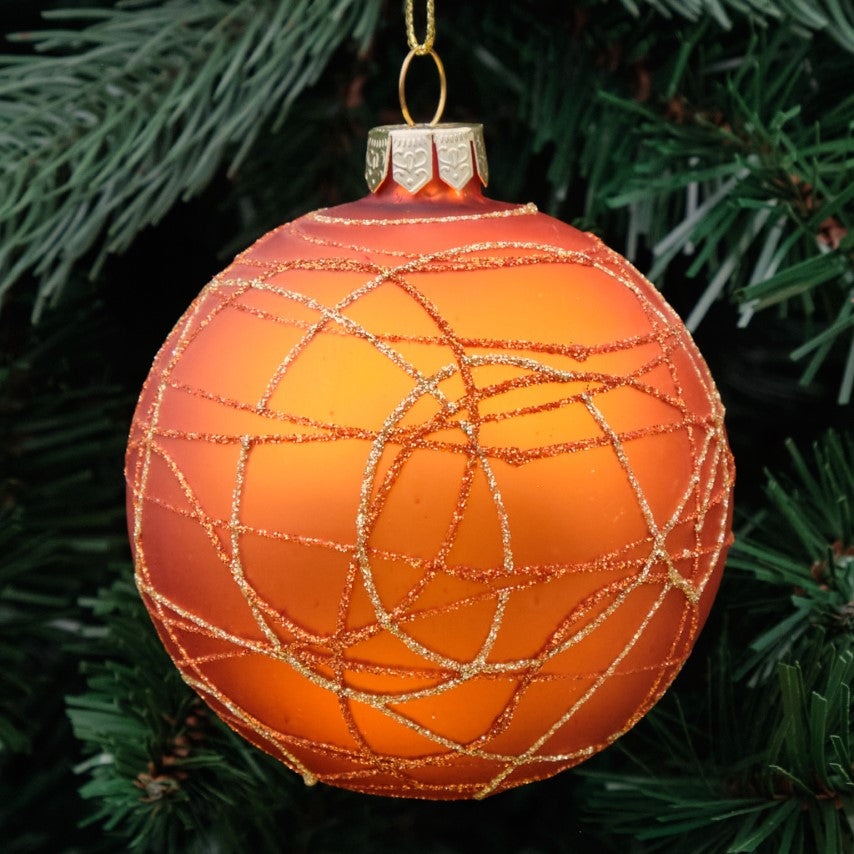 8cm Copper &amp; Gold Round Glass Bauble - Glitter Lattice