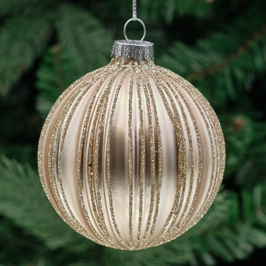 8cm Champagne Round Glass Bauble - Glitter Ribs