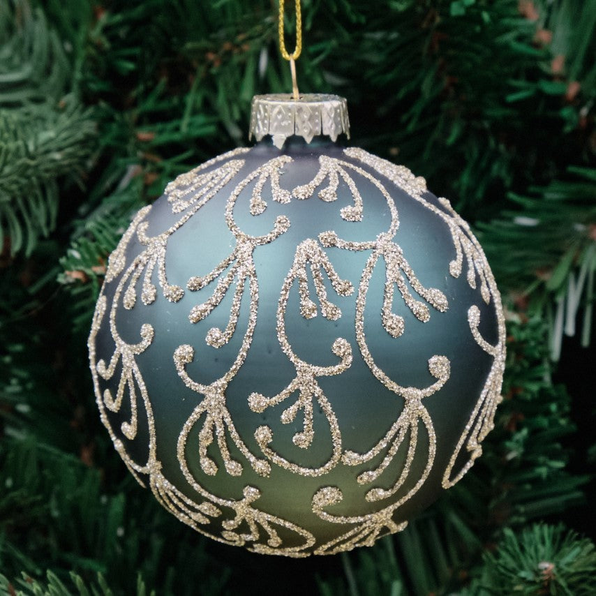 8cm Green &amp; Champagne Round Glass Bauble - Scroll Design